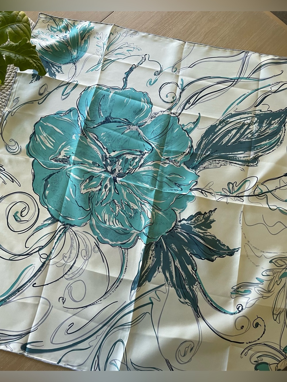 Pure Silk Floral Scarf (2): one in teal and white; one in brown and white